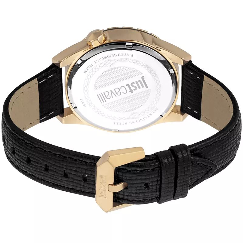 JUST CAVALLI MAN JC1G217L0035 kvarcinis analoginis laikrodis, 42 mm, juodas ciferblatas, nerūdijančio plieno korpusas, juodas odinis dirželis
