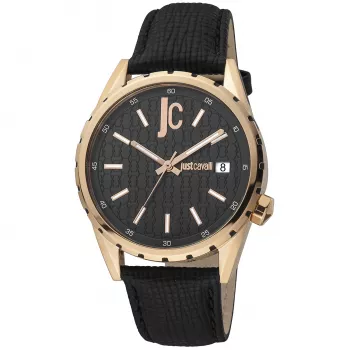JUST CAVALLI MAN JC1G217L0035 Kvarcinis analoginis laikrodis 42 mm juodas ciferblatas plieninis korpusas juodas odinis dirželis