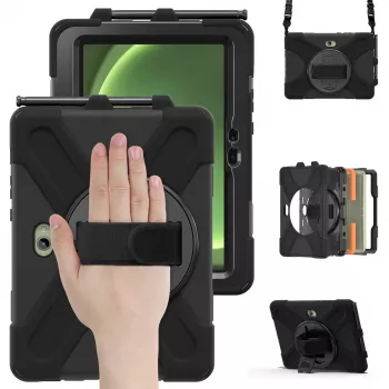 JUST MUST JM Rugged Case Grip, skirta Samsung Galaxy Tab Active Pro / Active4 Pro / Active5 Pro, su dirželiu, juoda