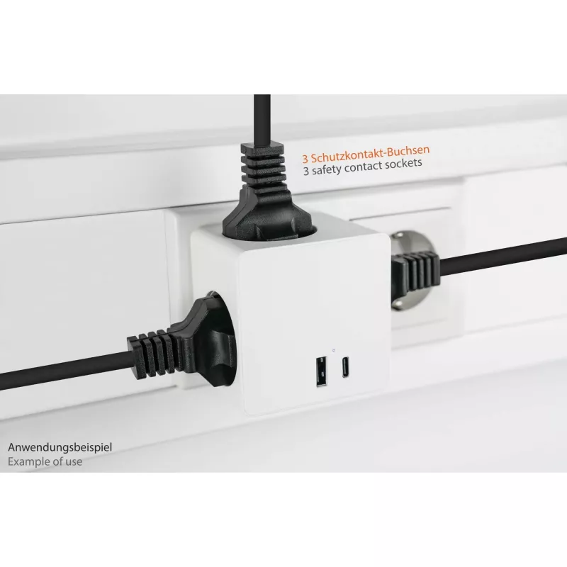 KABELMEISTER SW01-W Maitinimo kubas su 3x Schutzkontakt lizdais, USB-C 20W PD 3.0 ir USB-A 18W, 1,5 m, baltas