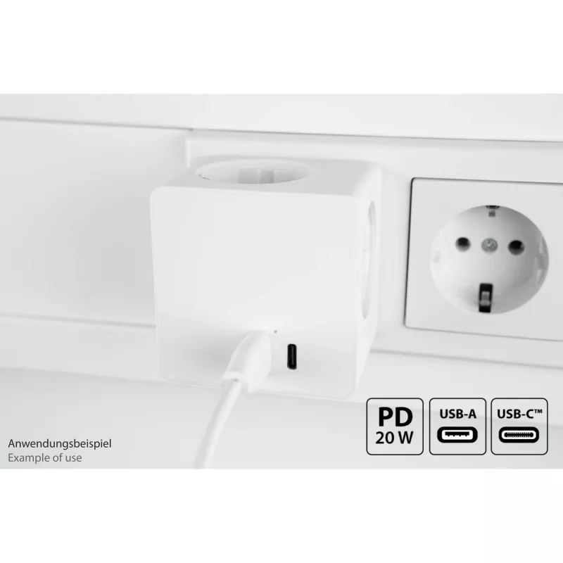 KABELMEISTER SW01-W Maitinimo kubas su 3x Schutzkontakt lizdais, USB-C 20W PD 3.0 ir USB-A 18W, 1,5 m, baltas