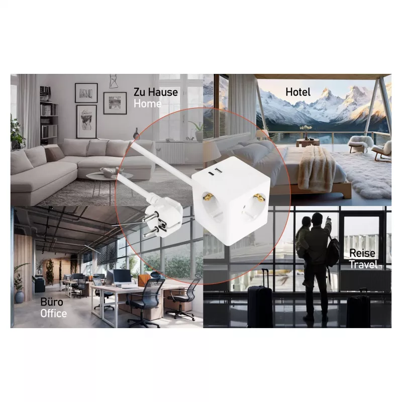 kabelmeister Socket Cube 3 lizdai su USB-C ir USB-A, baltas, 2 m