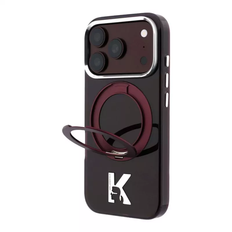 Karl Lagerfeld IML Ring Stand 360 Kameo Metal MagSafe dėklas, skirtas iPhone 18 Pro / 17 Pro - bordo spalvos