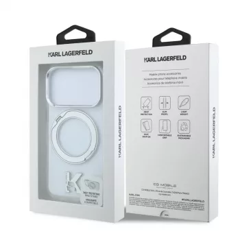 Karl Lagerfeld IML Ring Stand 360 Kameo Metal MagSafe dėklas, skirtas iPhone 18 Pro / 17 Pro - permatomas