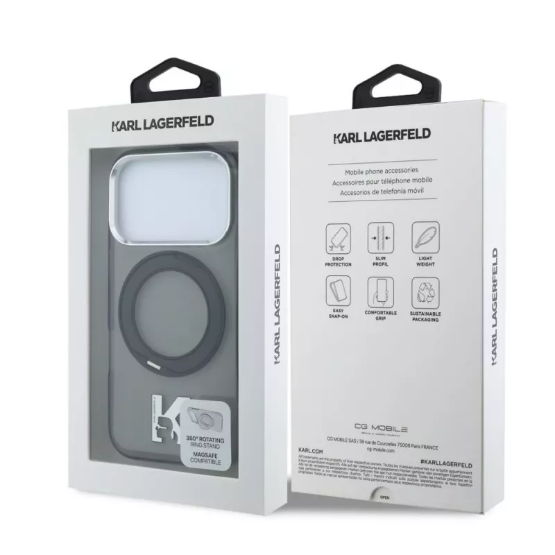 Karl Lagerfeld IML Ring Stand 360 Kameo Metal MagSafe dėklas, skirtas iPhone 18 Pro Max / 17 Pro Max – juodas