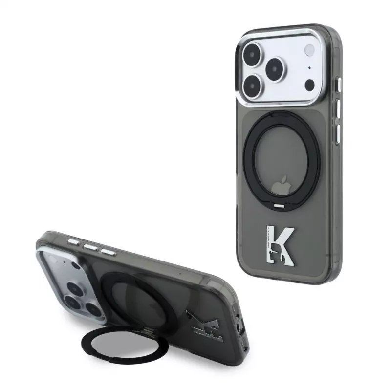 Karl Lagerfeld IML Ring Stand 360 Kameo Metal MagSafe dėklas, skirtas iPhone 18 Pro Max / 17 Pro Max – juodas