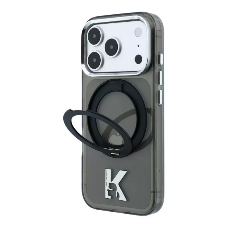 Karl Lagerfeld IML Ring Stand 360 Kameo Metal MagSafe dėklas, skirtas iPhone 18 Pro Max / 17 Pro Max – juodas