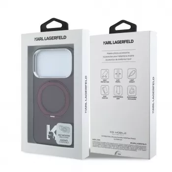 Karl Lagerfeld IML Ring Stand 360 Kameo Metal MagSafe dėklas, skirtas iPhone 18 Pro Max / 17 Pro Max, bordo spalvos