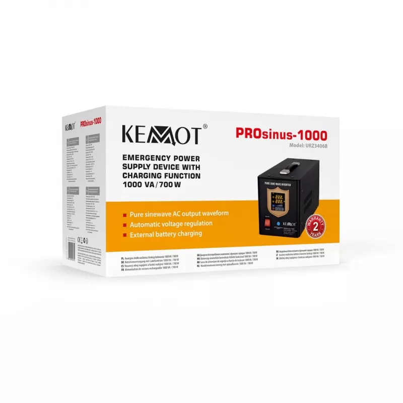 KEMOT PROsinus-1000 gryno sinusinio signalo UPS keitiklis su įkrovikliu 12V 230V 1000VA/700W juodos spalvos