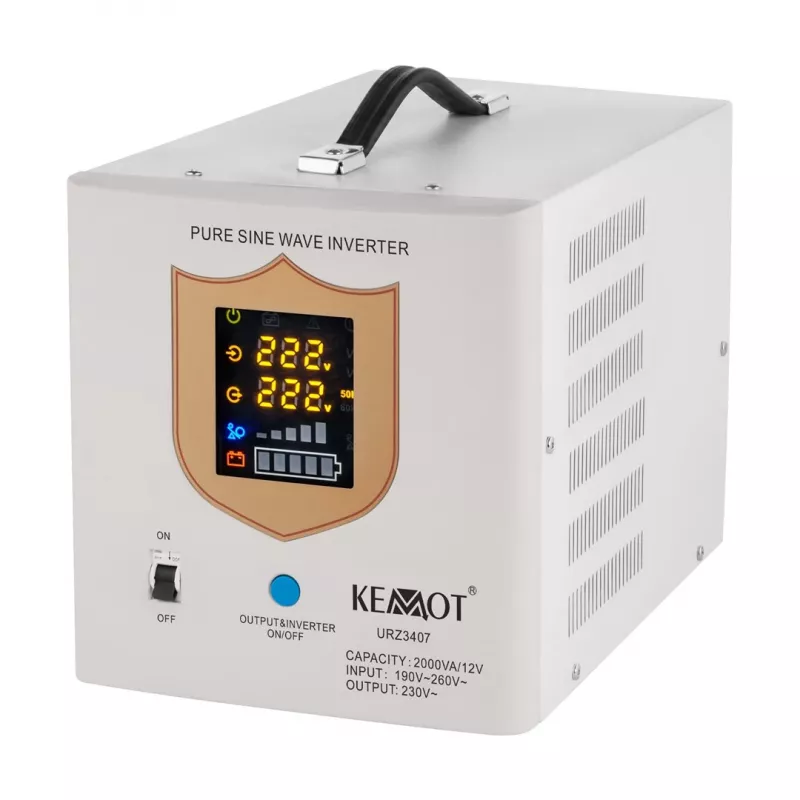 KEMOT PROsinus-2000 avarinis maitinimo šaltinis – gryno sinusoidės keitiklis su 12V įkrovimo funkcija, 230V, 2000VA/1200W