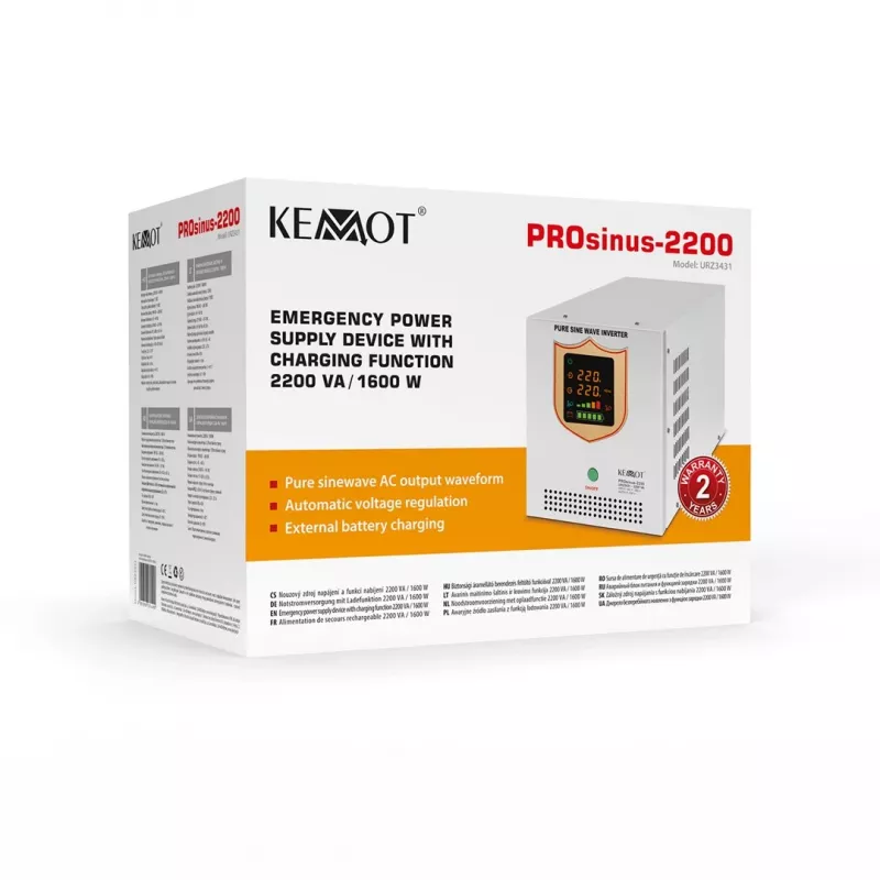 KEMOT PROsinus-2200 gryno sinusoidės keitiklis su 12V įkrovimo funkcija, 230V, 2200VA/1600W