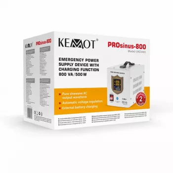 KEMOT PROsinus-800 avarinis maitinimo blokas – grynosios sinusinės bangos keitiklis su 12V įkrovimo funkcija, 230V, 800VA/500W