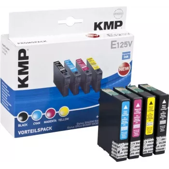 KMP E125V suderinama rašalo kasetė 3 vienetų rinkinys – žydra, purpurinė, geltona, skirta Epson Stylus SX230, SX235, SX430, SX438, WorkForce WF-3520, WF-3530, WF-3540, WF-7015, WF-7515, WF-7525
