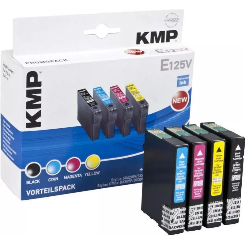 KMP E125V suderinama rašalo kasetė 3 vienetų rinkinys – žydra, purpurinė, geltona, skirta Epson Stylus SX230, SX235, SX430, SX438, WorkForce WF-3520, WF-3530, WF-3540, WF-7015, WF-7515, WF-7525