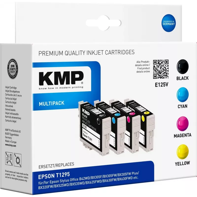 KMP E125V suderinama rašalo kasetė 3 vienetų rinkinys – žydra, purpurinė, geltona, skirta Epson Stylus SX230, SX235, SX430, SX438, WorkForce WF-3520, WF-3530, WF-3540, WF-7015, WF-7515, WF-7525