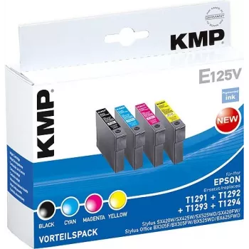 KMP E125V suderinama rašalo kasetė 3 vienetų rinkinys – žydra, purpurinė, geltona, skirta Epson Stylus SX230, SX235, SX430, SX438, WorkForce WF-3520, WF-3530, WF-3540, WF-7015, WF-7515, WF-7525