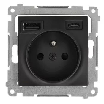 KONTAK-SIMON SIMON 54 modulis, juodos matinės spalvos – 1x Schuko kištukinis lizdas 16A 250V + 2x USB (Type A & C) 2.1A, varžtiniai gnybtai
