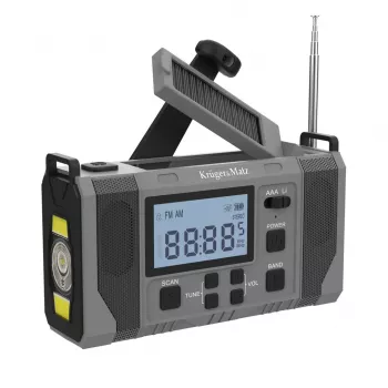 Kruger & Matz KM0838 Saulės energija maitinamas avarinis radijas su 10000 mAh Power Bank, LED žibintuvėliu, dinaminiu sukimu, AM/FM/NOAA, SOS signalu