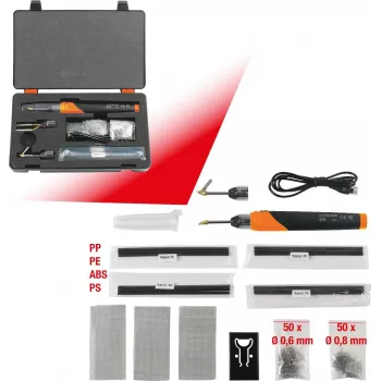 KS TOOLS 150.1010 belaidis plastiko taisymo rinkinys, 134 dalių, 3,7 V ličio jonų karštųjų kabių segiklis su 200 nerūdijančio plieno kabių, 450 °C, dėklas