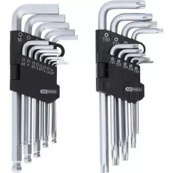 KS TOOLS 22 dalių šešiakampių ir TORX L formos raktų rinkinys su rutuliniu antgaliu ir laikikliu