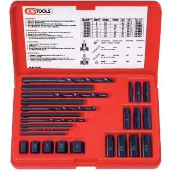 KS TOOLS 25 dalių varžtų išsukimo rinkinys, kairiosios eigos HSS, M3-M18, su grąžtais ir kreiptuvais (150.1305)