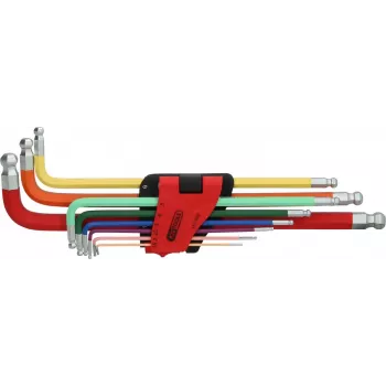 KS TOOLS 9 dalių itin ilgų rutulinių galvučių šešiakampių raktų rinkinys su dviguba rutuline galvute, 1,5-10 mm, chromo vanadžio plienas, matinis chromuotas, DIN ISO 2936, ERGOTORQUEplus 151.3222