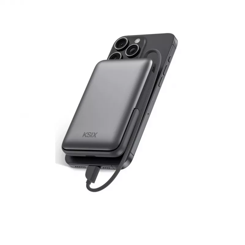 KSIX Magnetic Power Bank 10000 mAh, 22,5W, skirta iPhone ir Apple Watch, pilka