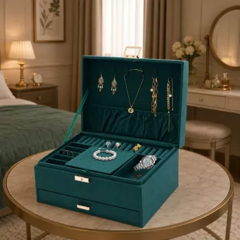 LEAN Jewelry Organizer Box su stalčiumi ir raktu, žalias aksomas