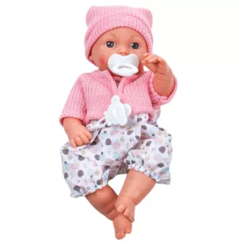 LEAN TOYS 24440 Lėlė kūdikis su kepuraite, megztiniu ir čiulptuku, garso efektais (35 cm)
