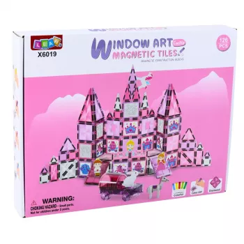 LEAN TOYS 25282 Magnetiniai statybos blokeliai Vitražo langų rinkinys su rožiniais žymekliais, 126 vnt., kūrybinis meno žaislas