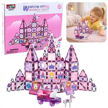 LEAN TOYS 25282 Magnetiniai statybos blokeliai Vitražo langų rinkinys su rožiniais žymekliais, 126 vnt., kūrybinis meno žaislas