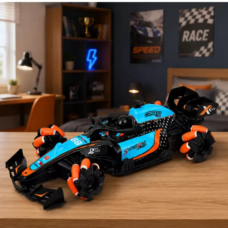 LEAN TOYS 29711 RC Stunt Car 1:10 4WD su 360° sukimu, LED apšvietimu ir dūmų efektu (juoda/raudona)