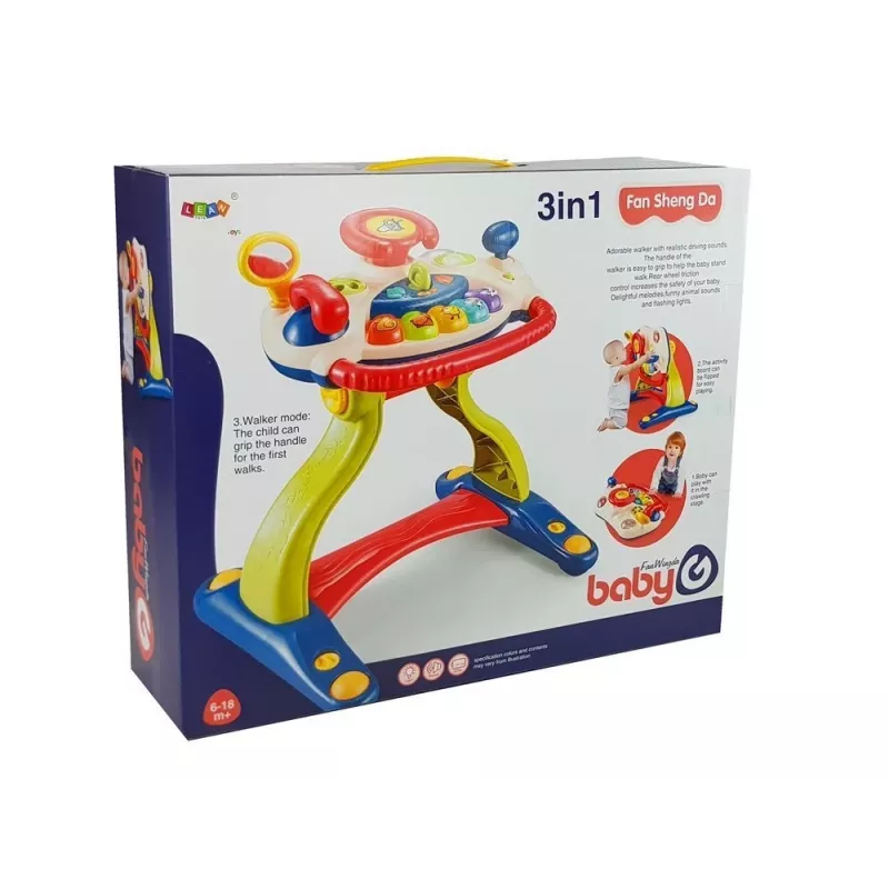 LEAN TOYS 3-in-1 interaktyvus vežimėlis kūdikiams su vairu, garsais, melodijomis ir gyvūnėliais
