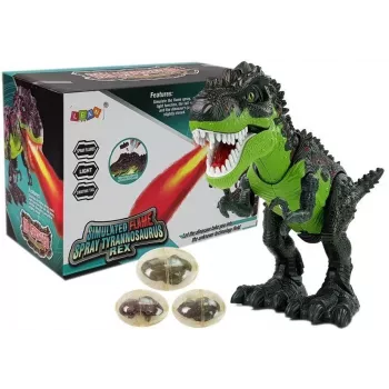 LEAN TOYS 7740 Interaktyvus T-Rex dinozauras su kiaušinių dėjimu, garo efektu, garsu ir šviesomis – žalia