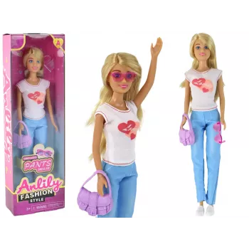 LEAN TOYS Anlily lėlė su ilgais šviesiais plaukais, rankine, akiniais ir balta palaidine