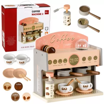 LEAN TOYS Barista rinkinys – kavos aparatas su mediniais aksesuarais rožinis