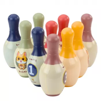 LEAN TOYS kėglių rinkinys su katėmis vaikams, 10 kėglių ir 2 spalvoti kamuoliai