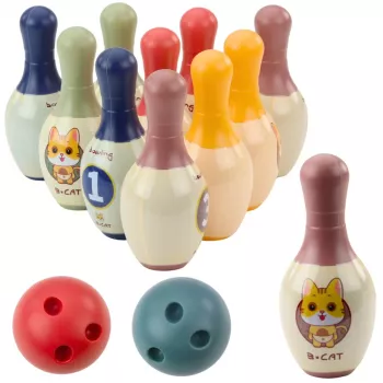 LEAN TOYS kėglių rinkinys su katėmis vaikams, 10 kėglių ir 2 spalvoti kamuoliai