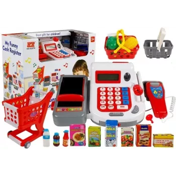 LEAN TOYS kasos aparatas su prekybos vežimėliu ir krepšeliais | 35 dalių vaidmenų žaidimo rinkinys su veikiančiu skaičiuotuvu, šviečiančiu skaitytuvu, mikrofonu, prekybos vežimėliu ir krepšeliu | Nuo 3 metų