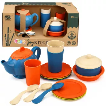 LEAN TOYS Vaikiškas bambuko pluošto stalo įrankių rinkinys, mėlynas ir oranžinis, 15 dalių