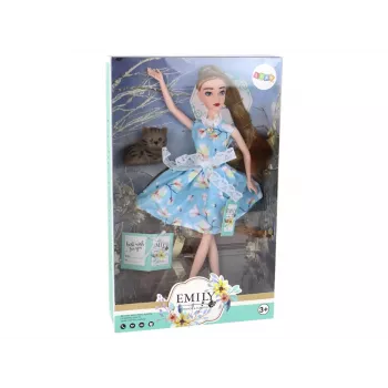 LEAN TOYS vaikiška lėlė Emily Spring ilgais plaukais mėlyna suknele ir kačiuku