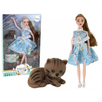 LEAN TOYS vaikiška lėlė Emily Spring ilgais plaukais mėlyna suknele ir kačiuku