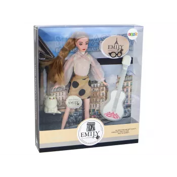 LEAN TOYS Vaikiška lėlė Emilija su gitara, akiniais, ilgais šviesiais plaukais ir kačiuku
