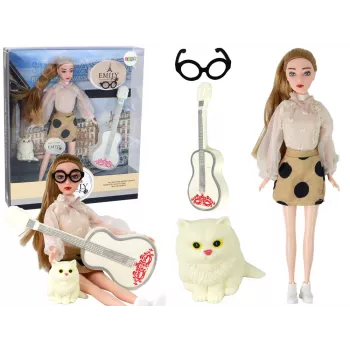 LEAN TOYS Vaikiška lėlė Emilija su gitara, akiniais, ilgais šviesiais plaukais ir kačiuku