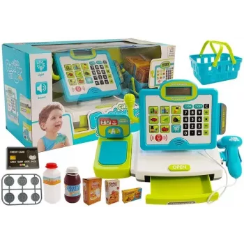 LEAN TOYS Vaikiška elektroninė kasos aparatas su krepšeliu – mėlyna, veikiantis skaičiuotuvas, šviesa ir garsas, 25 priedai, nuo 3 metų