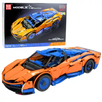 LEAN TOYS statybinių kaladėlių sportinis automobilis RC – mėlynas ir oranžinis (1883 dalys, 2,4GHz, 1:8 mastelis)
