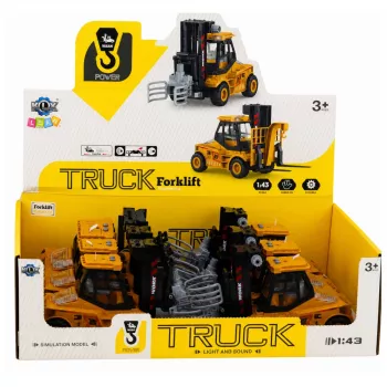 LEAN TOYS statybinis šakinis krautuvas su reguliuojama griebtuvu, šviesomis, garsais geltonas 1:43
