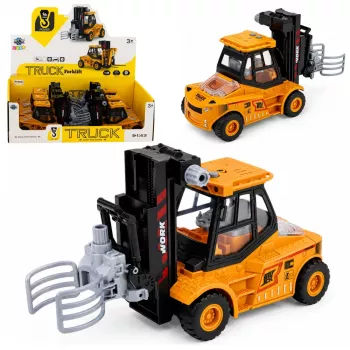 LEAN TOYS statybinis šakinis krautuvas su reguliuojama griebtuvu, šviesomis, garsais geltonas 1:43
