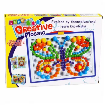 LEAN TOYS kūrybinis rinkinys Mygtukų mozaikos galvosūkis Grybukų smeigtukai lagaminėlyje 300 vnt.