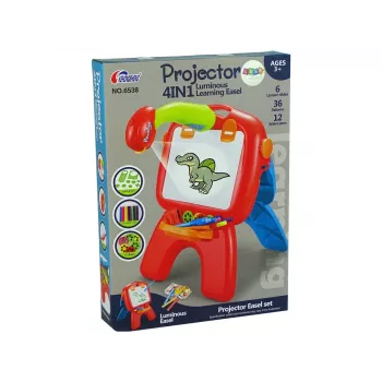LEAN TOYS Dvipusė lenta su kreidelių rašikliais, stovu ir projektoriumi „Paveikslėliai“ raudona